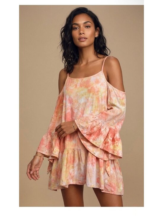 easel Dresses & Skirts - Tie-Dye Ruffle Hem Mini Dress Tunic S | Boho Festival Wanderlust Coastal Cowgirl
